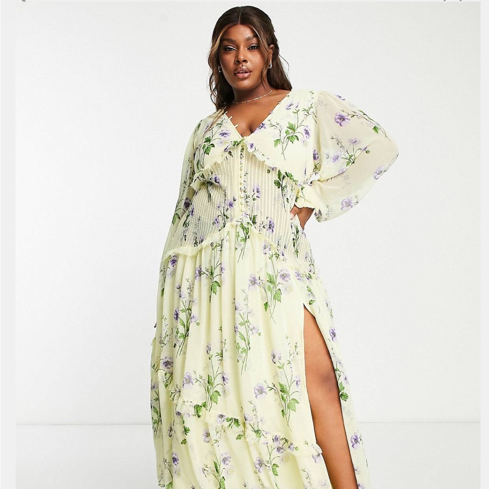 NWOT ASOS design curve button through pin tuck maxi dress in yellow floral print